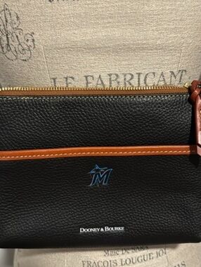 Dooney & Bourke Black and Tan Leather Crossbody w/ Miami Marlins Emblem